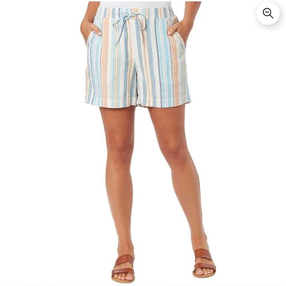Briggs Women's White/Aqua/Orange Linen/Rayon Drawstring Shorts w Pockets